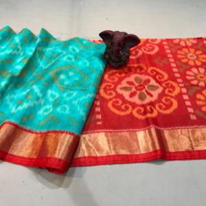 Handwoven Turquoise Blue and Red Ikat Sico Saree