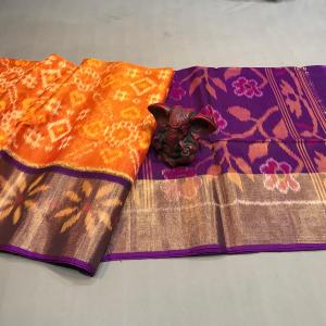 Elegant Orange and Purple Ikat Sico Saree