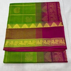 Haritha - A Kanji Korvai in parrot green and pink